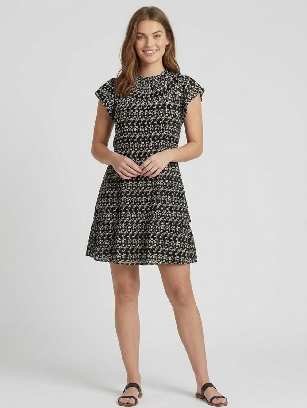 LOFT Black and White Floral-Print Midi Dress